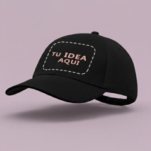 Gorra de béisbol negra clásica flotando sobre fondo rosa, vista lateral, diseño personalizable.