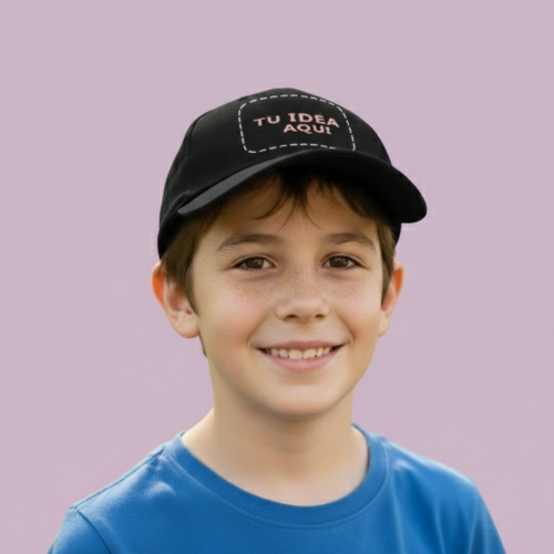 Gorra de béisbol negra clásica flotando sobre fondo rosa, vista lateral, diseño personalizable.